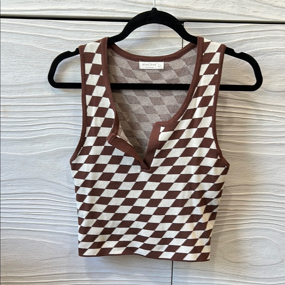 Brown and White Checkered Women's Top